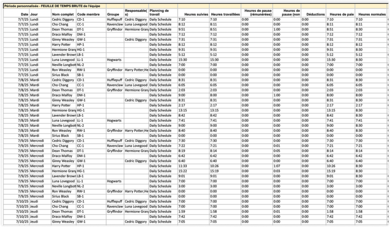 Liste des feuilles de temps (ou feuilles de temps brutes) pour le rapport de présence